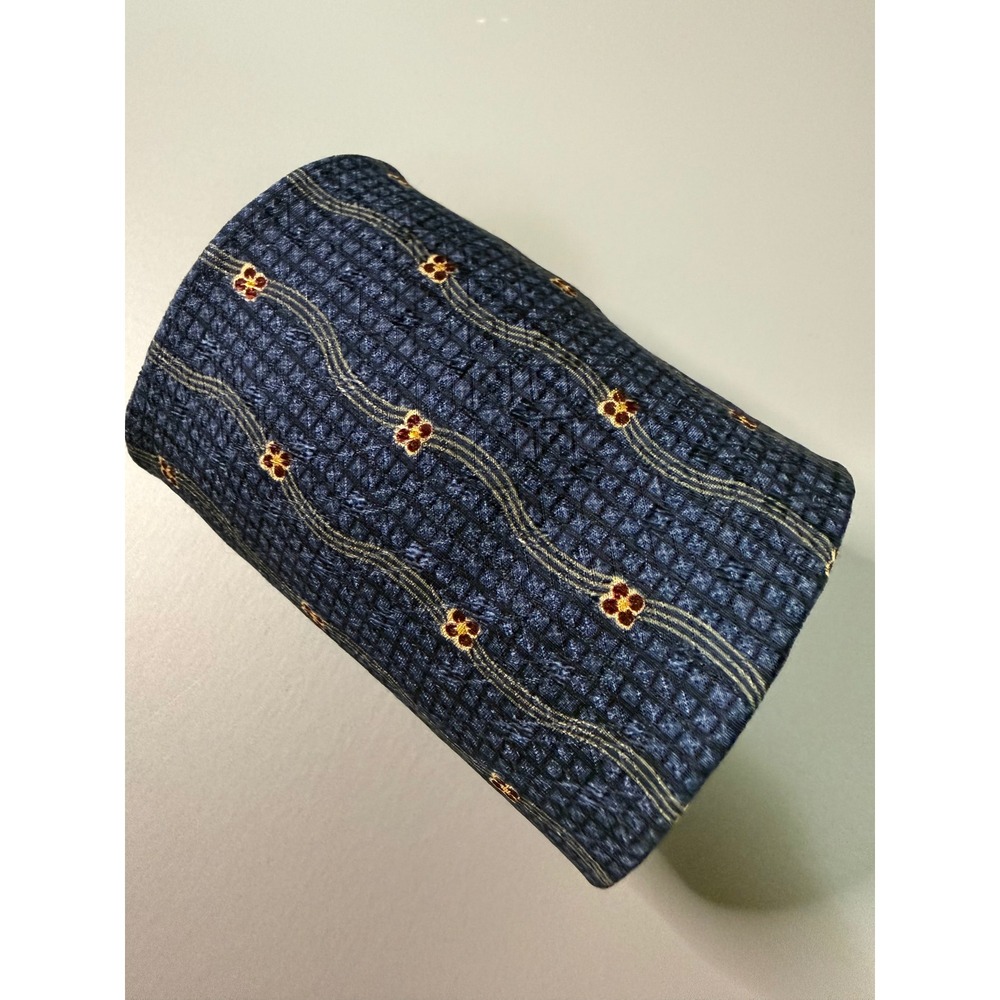 Nautica Mens Silk Tie Navy Blue Wavy Stripe Floral Geometric Pattern Necktie